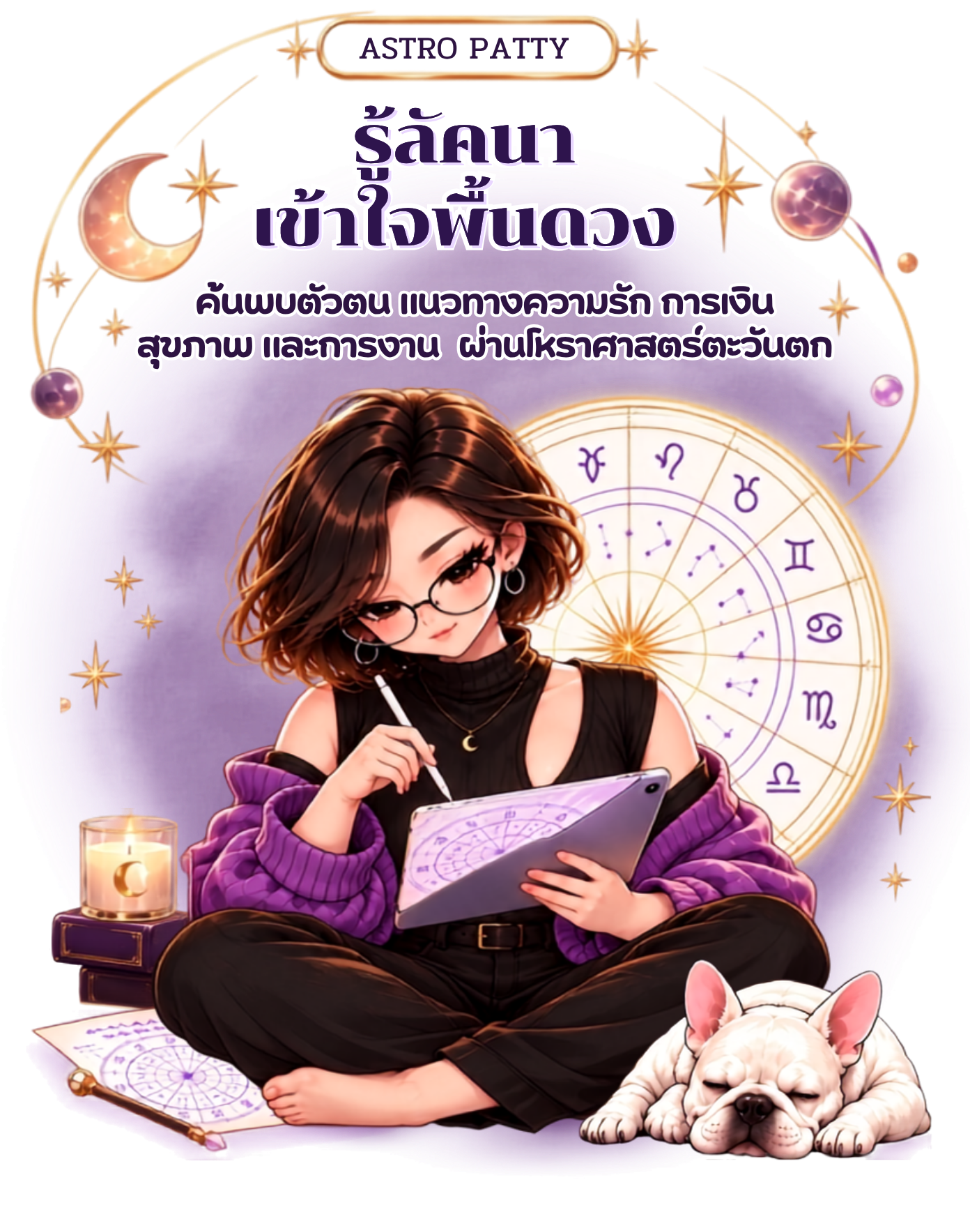 ASTRO PATTY รู้ลัคนา เข้าใจพื้นดวง ค้นพบตัวตน แนวทางความรัก การเงิน สุขภาพ และการงาน ผ่านโหราศาสตร์ตะวันตก ภาพผู้หญิงผมบ๊อบกับสุนัข French Bulldog สีขาว เน้นแม่น ไม่เน้นแมส
